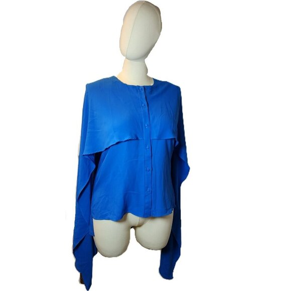 Prabal Gurung Blouse 8  Blue Asym Button Down  Draped Sleeve  Designer‎ - Picture 2 of 15